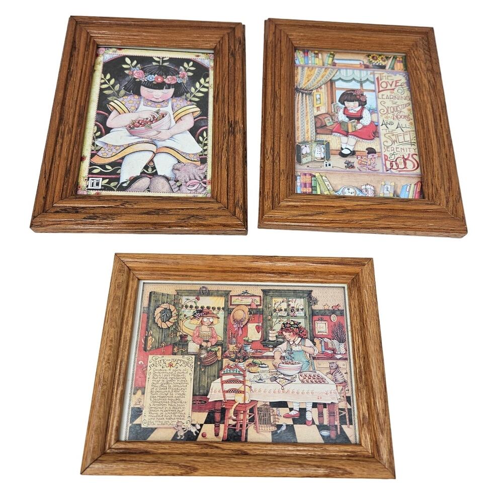 Lot of 3 Mary Engelbreit Small Framed Prints Cottage Vintage 90s Nursery Cute